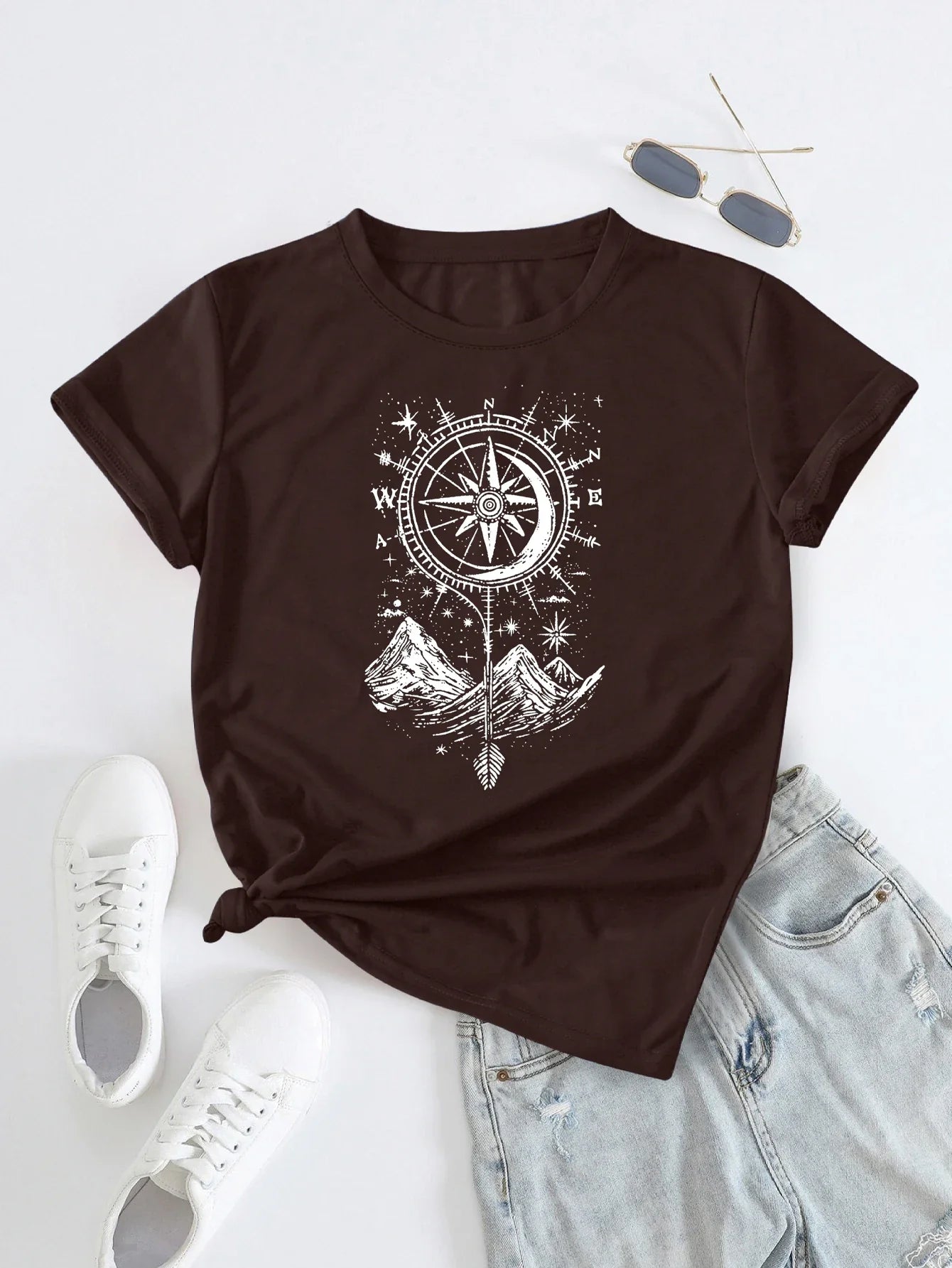 Explorer's Compass and Mountain with Design Print T-shirt Short Sleeve Crew Neck Casual Top For Summer&Spring Women's Clothing