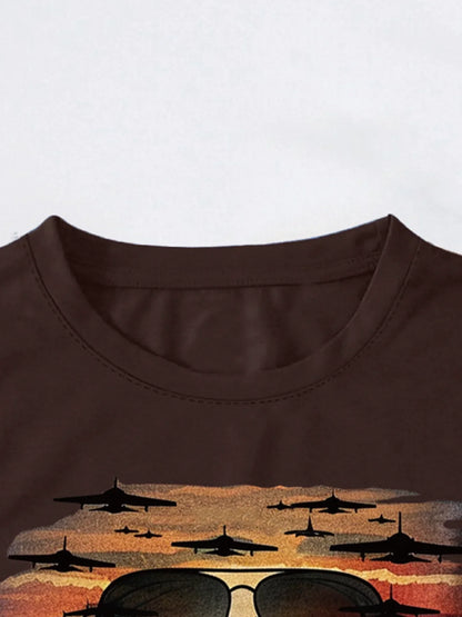 Aviator Sunglasses & Sunset Graphic Print T-shirt Short Sleeve Crew Neck Casual Top For Summer & Spring Women's Clothing