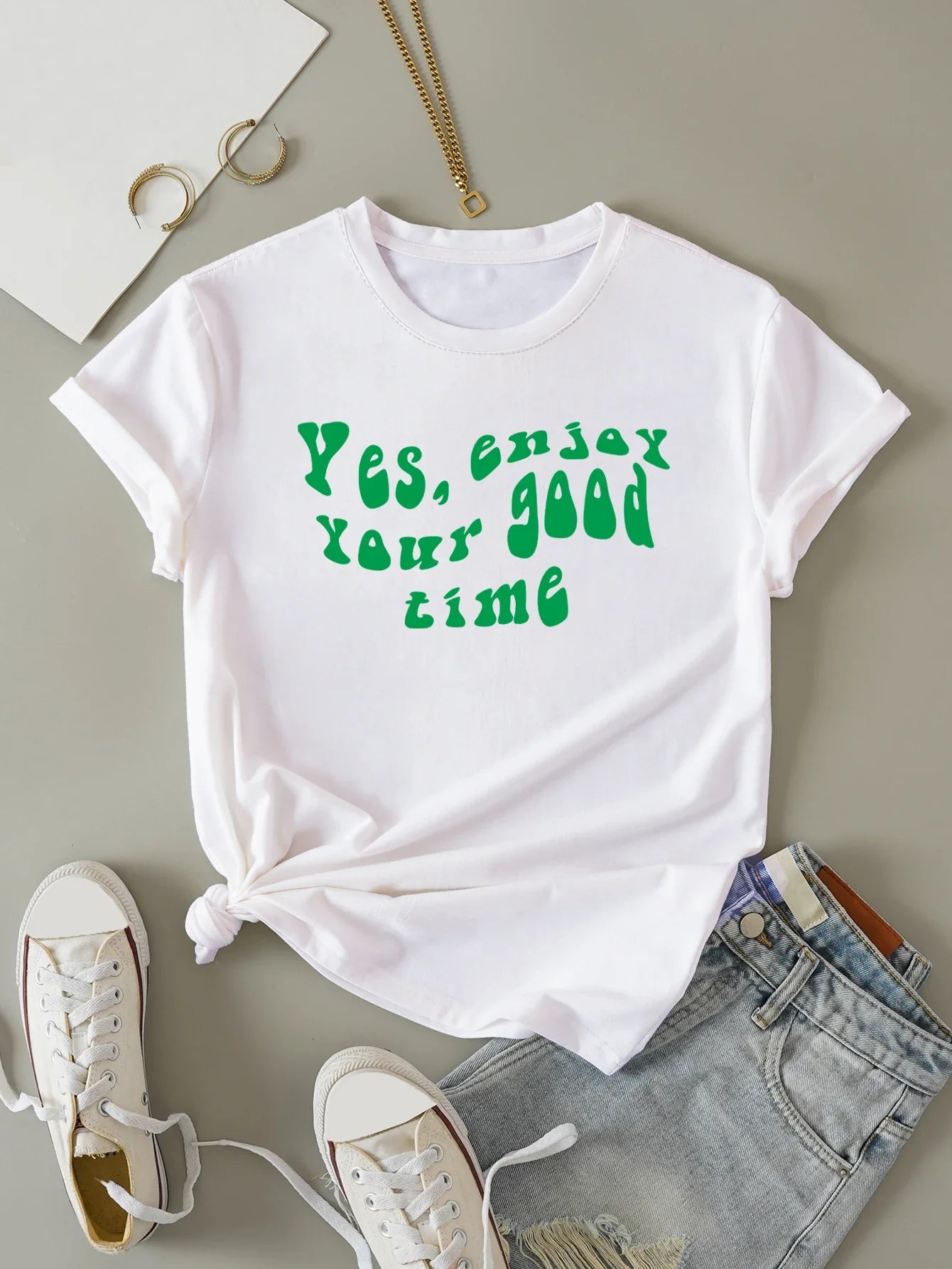 Green Letter Print Stylish Casual Crewneck Short Sleeve T-shirt
