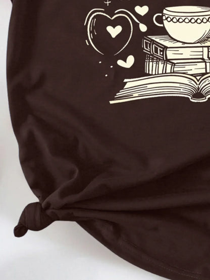 Heartfelt Literary And Coffee Graphic Print T-shirt Short Sleeve Crew Neck Casual Top For Summer & Spring Women's Clothing
