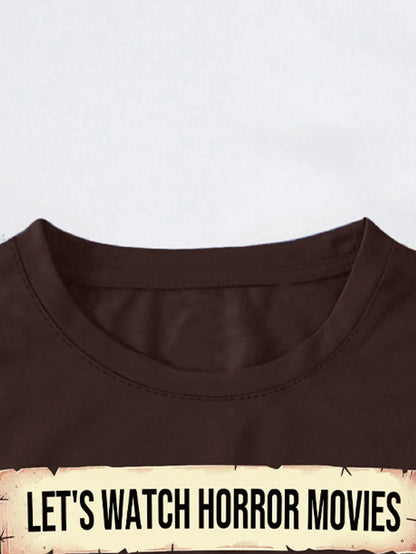 Horror Movie Night Popcorn Skull Print T-shirt Short Sleeve Crew Neck Casual Top For Summer & Spring Women's Clothing