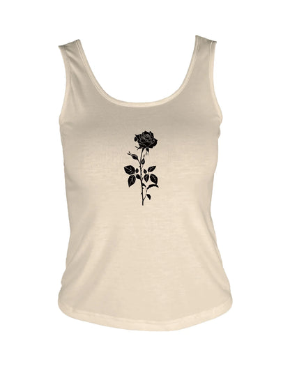 Elegant Style Black Rose Silhouette Graphic Print Crop Tank Top Sleeveless Casual Top For Summer & Spring Women's Clothing