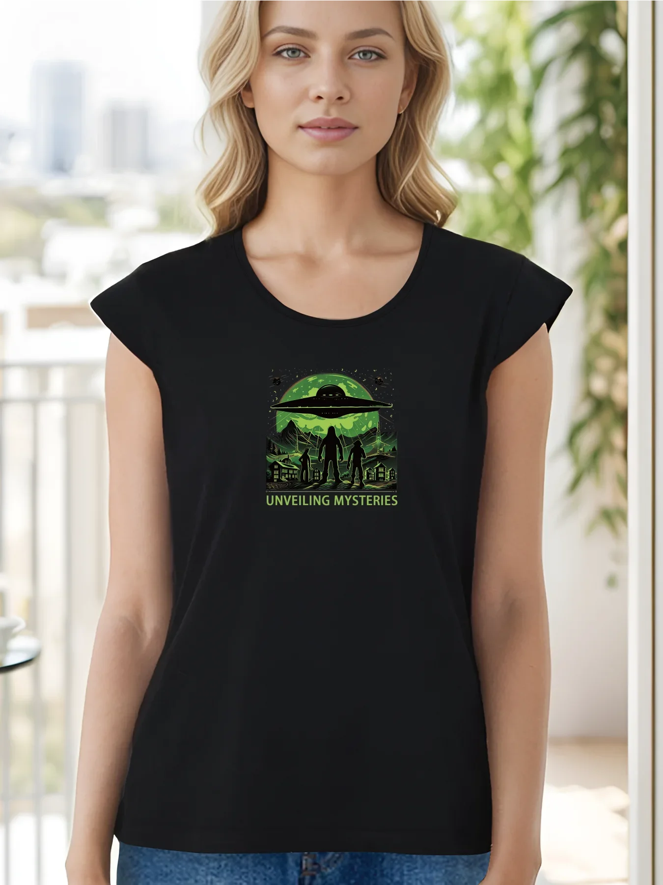 Intriguing Ufo And Mysterious Figures Graphic Print Tank Top Sleeveless Casual Top For Summer & Spring Women's Clothing