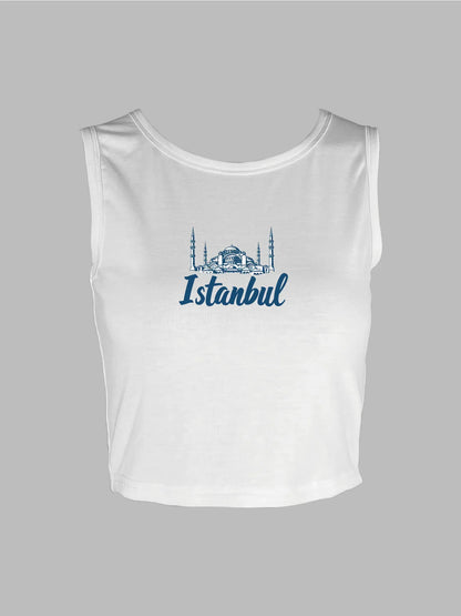 Istanbul Skyline Graphic With Bold Istanbul Print Crop Tank Top, Sleeveless Casual Top For Summer & Spring, Women's Clothing
