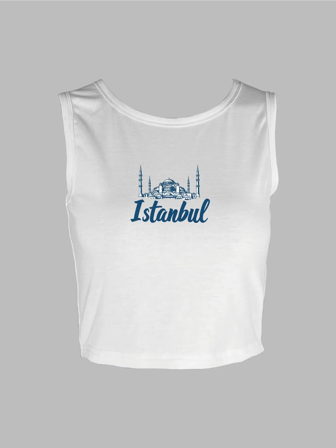 Istanbul Skyline Graphic With Bold Istanbul Print Crop Tank Top, Sleeveless Casual Top For Summer & Spring, Women's Clothing