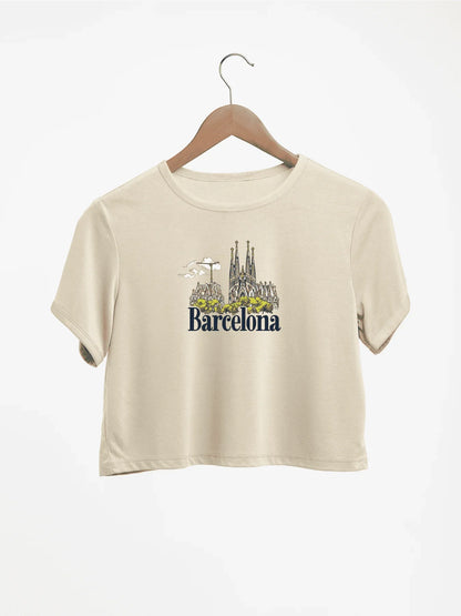 Barcelona Skyline With Bold Barcelona Print Crew Neck Crop T-Shirts Casual Short Sleeve Top For Spring & Summer Women's Clothing