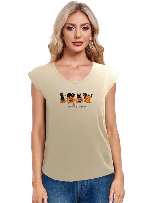 Halloween With Black Cats And Pumpkins Print Tank Top Sleeveless Casual Top For Summer & Spring Women's Clothing