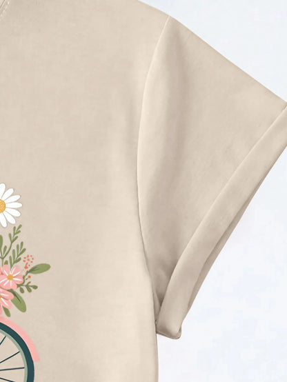 Flamingo and Bicycle Print T-shirt for Women, Crew Neck, Casual Top, Short Sleeve, Summer and Spring, Women's Clothing