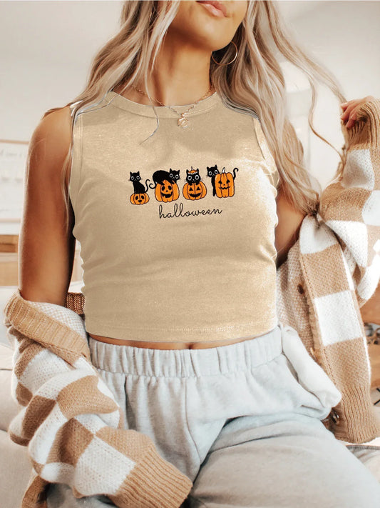 Halloween With Black Cats And Pumpkins Print Crop Tank Top, Sleeveless Casual Top For Summer & Spring, Women's Clothing