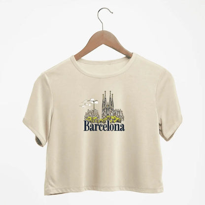 Barcelona Skyline With Bold Barcelona Print Crew Neck Crop T-Shirts Casual Short Sleeve Top For Spring & Summer Women's Clothing