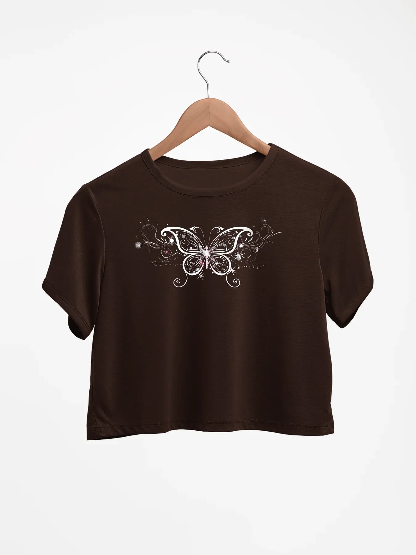 Elegant Swirl Butterfly Print T-shirt Short Sleeve Crew Neck Casual Top For Summer & Spring Women's Clothing