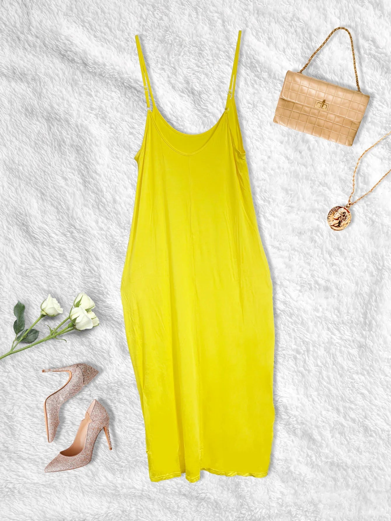 V-Neck Solid Pocket Sling Dress