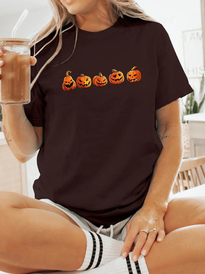 Halloween Spooky Jack-o'-Lantern Parade  Print T-shirt Short Sleeve Crew Neck Casual Top For Summer & Spring Women's Clothing