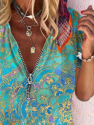 T-Shirts - Printed Zipper V-neck Loose Short Sleeve T-shirts - MsDressly