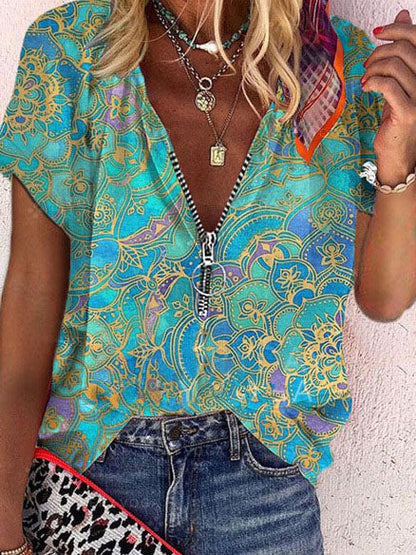 T-Shirts - Printed Zipper V-neck Loose Short Sleeve T-shirts - MsDressly