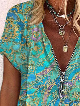 T-Shirts - Printed Zipper V-neck Loose Short Sleeve T-shirts - MsDressly