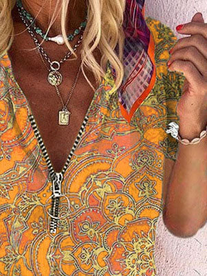 T-Shirts - Printed Zipper V-neck Loose Short Sleeve T-shirts - MsDressly