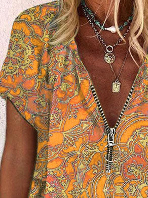 T-Shirts - Printed Zipper V-neck Loose Short Sleeve T-shirts - MsDressly