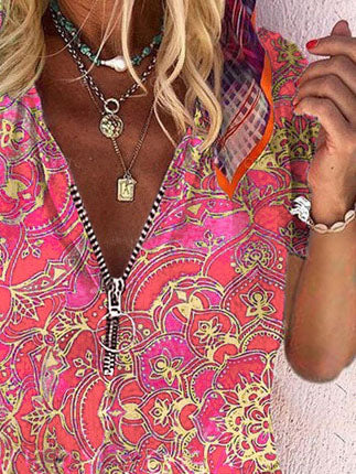 T-Shirts - Printed Zipper V-neck Loose Short Sleeve T-shirts - MsDressly