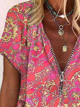 T-Shirts - Printed Zipper V-neck Loose Short Sleeve T-shirts - MsDressly