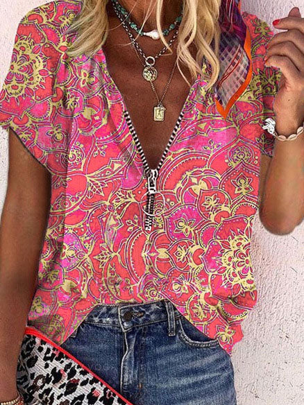 T-Shirts - Printed Zipper V-neck Loose Short Sleeve T-shirts - MsDressly