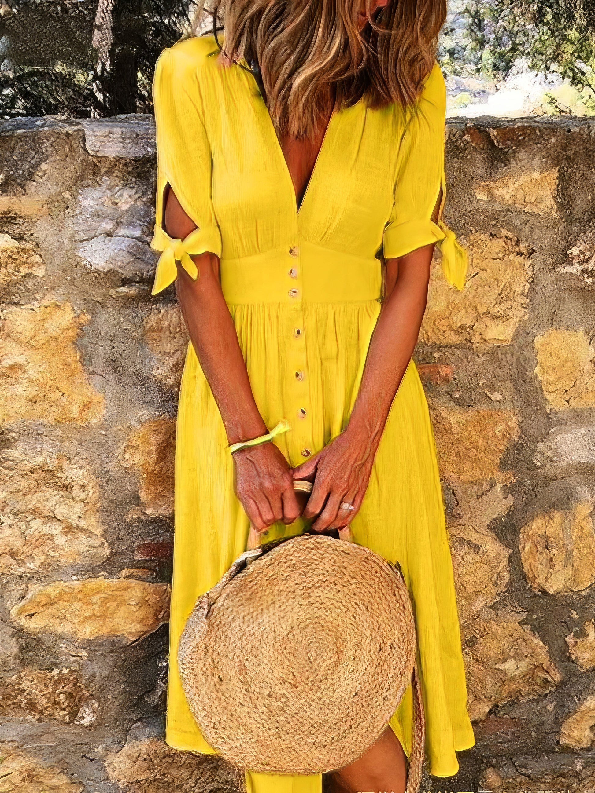 Midi Dresses - Solid Color V Neck Tie Half Sleeve Casual Dress - MsDressly