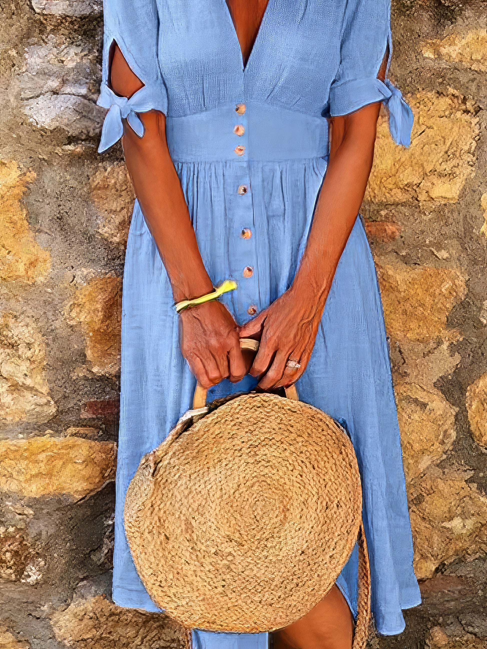 Midi Dresses - Solid Color V Neck Tie Half Sleeve Casual Dress - MsDressly