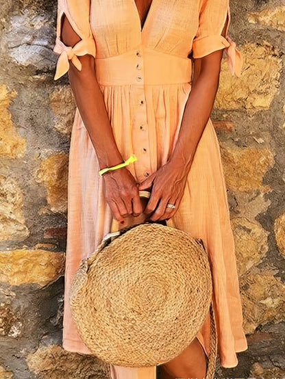 Midi Dresses - Solid Color V Neck Tie Half Sleeve Casual Dress - MsDressly