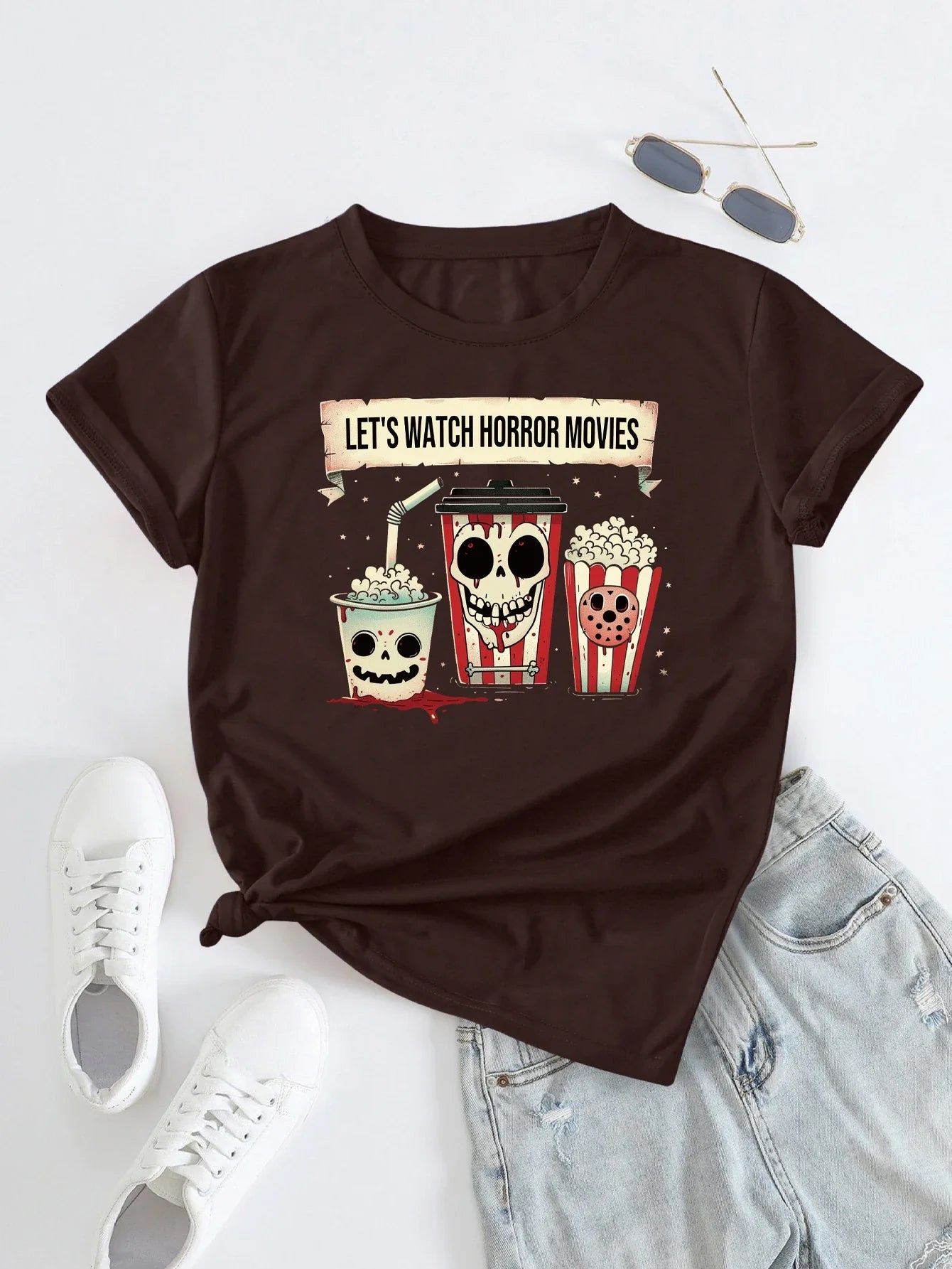 Horror Movie Night Popcorn Skull Print T-shirt Short Sleeve Crew Neck Casual Top For Summer & Spring Women's Clothing
