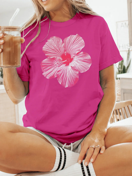 Large White Hibiscus Flower Print T-shirt Short Sleeve Crew Neck Casual Top For Summer & Spring Women's Clothing