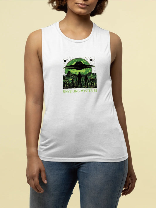 Intriguing Ufo And Mysterious Figures Graphic Print Tank Top Sleeveless Casual Top For Summer & Spring Women's Clothing