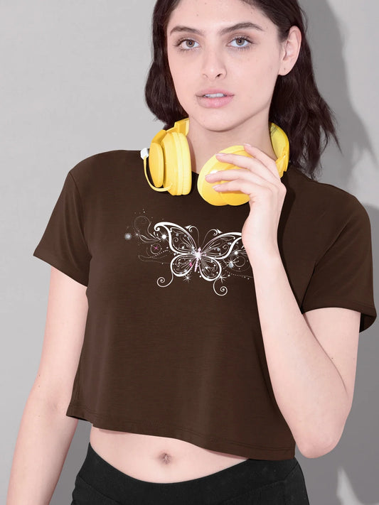 Elegant Swirl Butterfly Print T-shirt Short Sleeve Crew Neck Casual Top For Summer & Spring Women's Clothing