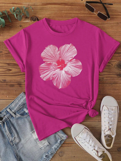 Large White Hibiscus Flower Print T-shirt Short Sleeve Crew Neck Casual Top For Summer & Spring Women's Clothing