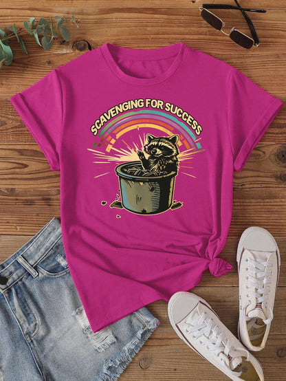 Fuchsia Graphic Tee Featuring Raccoon Print T-shirt Short Sleeve Crew Neck Casual Top For Summer & Spring Women's Clothing