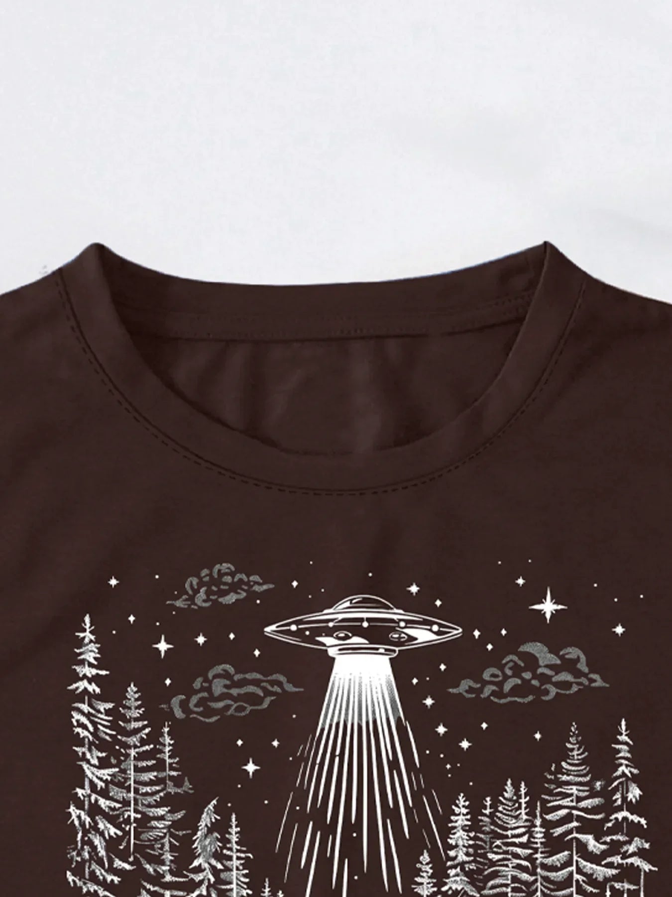 Enigmatic Forest UFO Encounter Print T-shirt Short Sleeve Crew Neck Casual Top For Summer & Spring Women's Clothing