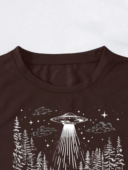 Enigmatic Forest UFO Encounter Print T-shirt Short Sleeve Crew Neck Casual Top For Summer & Spring Women's Clothing