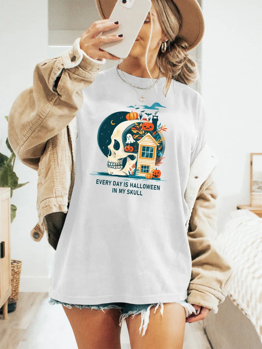 Halloween Everyday Skull Graphic Print T-shirt Short Sleeve Crew Neck Casual Top For Summer & Spring Women's Clothing