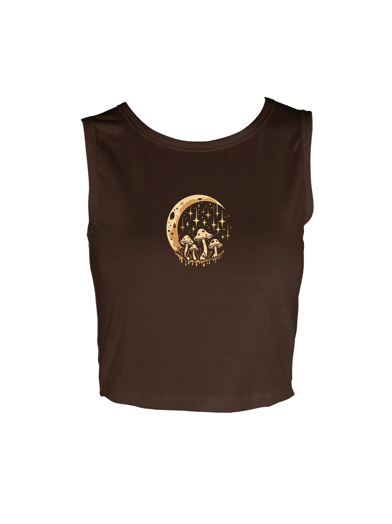 Enchanting Mushroom And Crescent Moon Graphic Print Crop Tank Top, Sleeveless Casual Top For Summer & Spring, Women's Clothing
