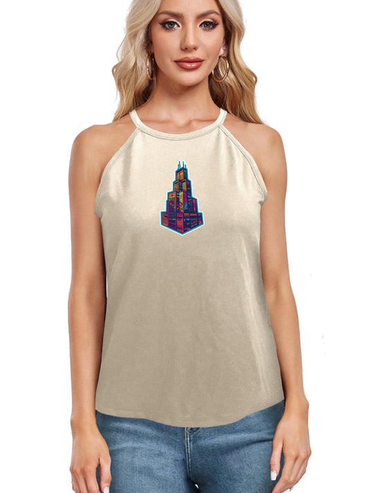 Futuristic Cityscape Print Cami Top Sleeveless Casual Top For Summer & Spring Women's Clothing
