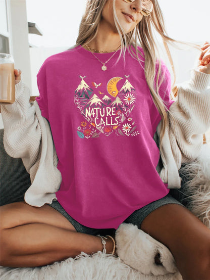 Heart Shaped Adventure 'Nature Calls' Print T-shirt Short Sleeve Crew Neck Casual Top For Summer & Spring Women's Clothing