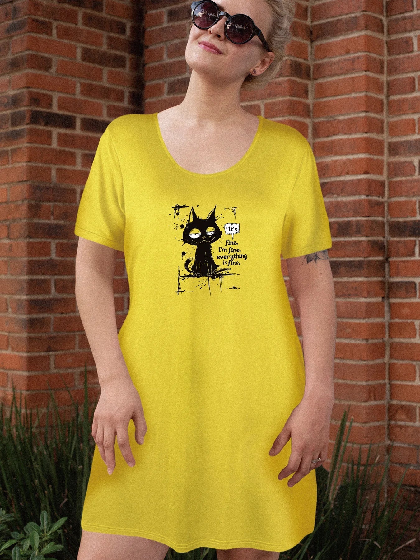 Fun 'Everything is Fine' Cat Print Dual Pockets Dress Casual Short Sleeve Tee Dress For Spring & Summer Women's Clothing