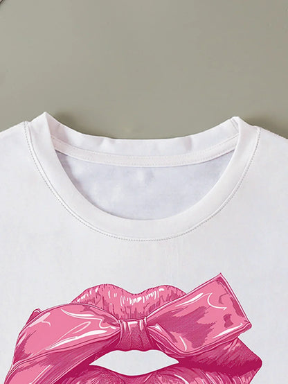 Girly Pink Lip-shaped With Bow Pattern Print T-shirt Short Sleeve Crew Neck Casual Top For Summer & Spring Women's Clothing