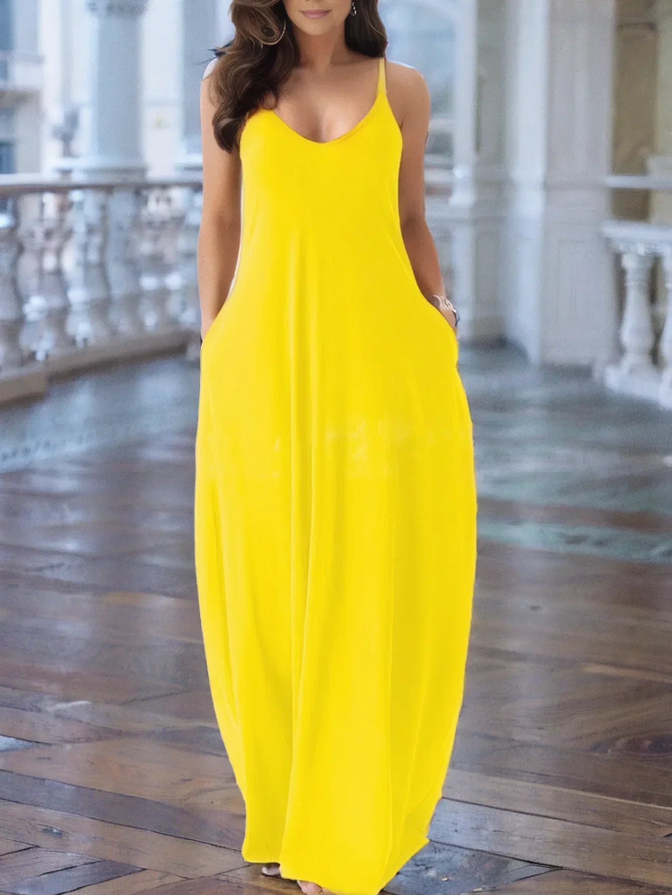 V-Neck Solid Pocket Sling Dress