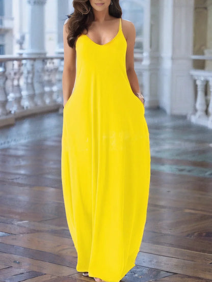 V-Neck Solid Pocket Sling Dress