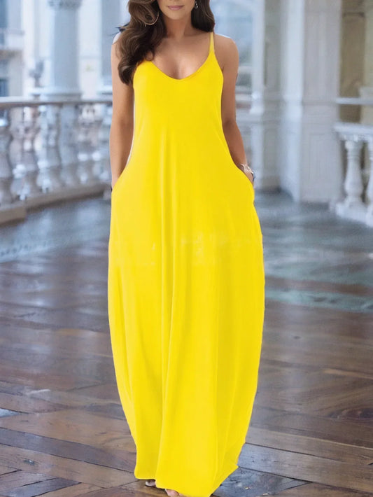 V-Neck Solid Pocket Sling Dress