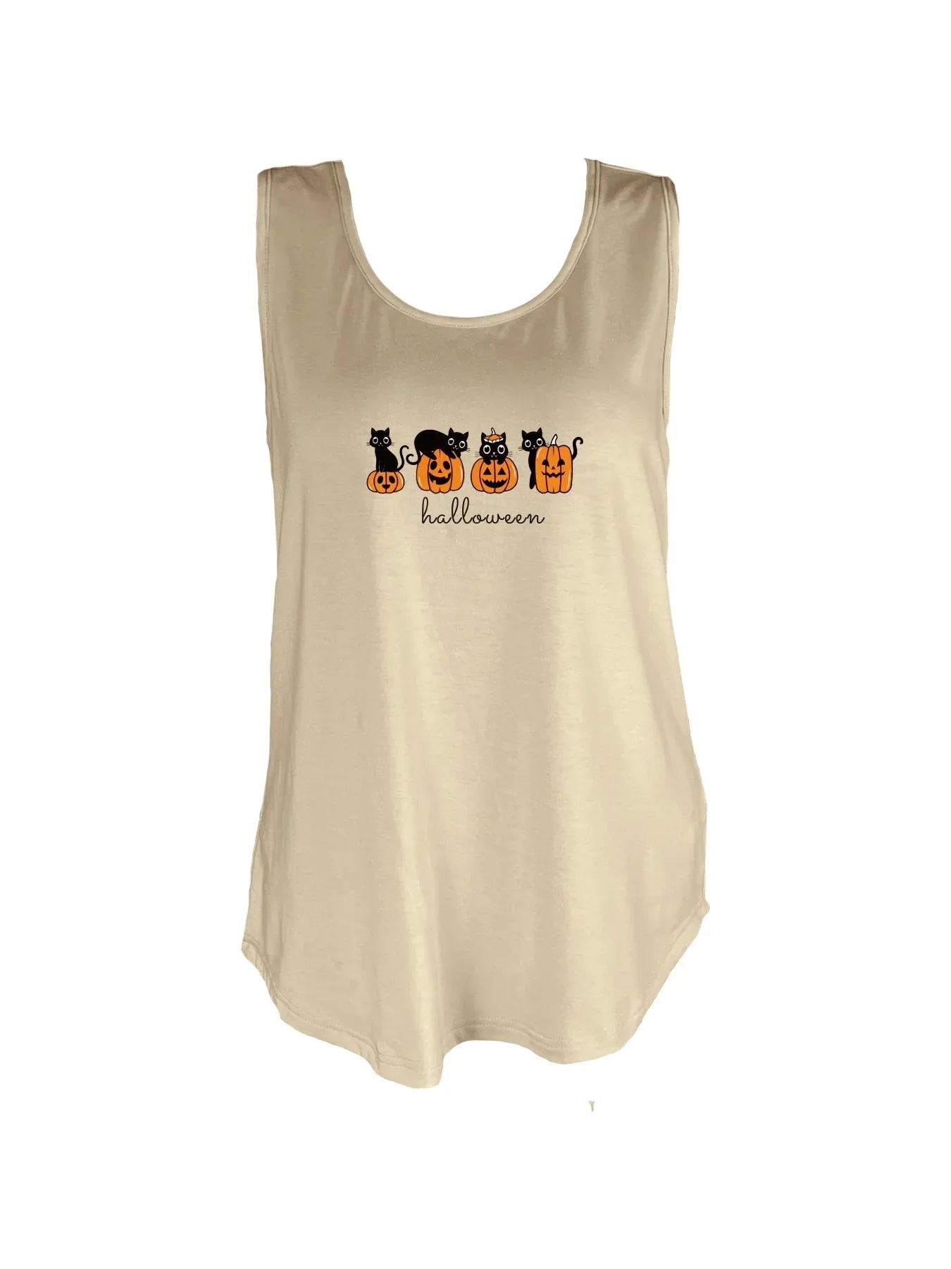 Halloween With Black Cats And Pumpkins Print Tank Top Sleeveless Casual Top For Summer & Spring Women's Clothing