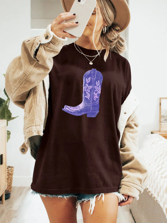 Floral Cowboy Boot with Vintage-Inspired Print T-shirt Short Sleeve Crew Neck Casual Top For Summer & Spring Women's Clothing
