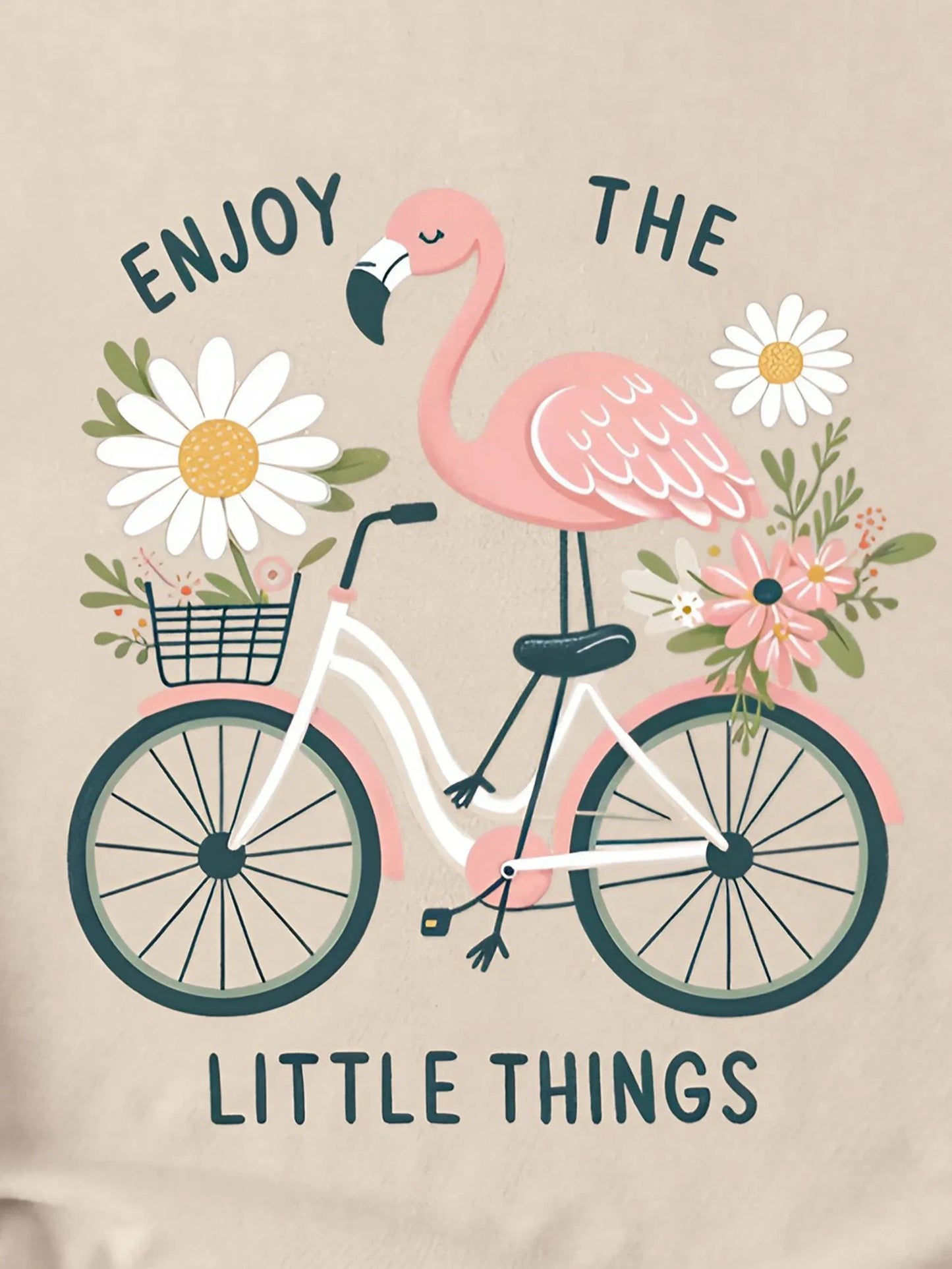 Flamingo and Bicycle Print T-shirt for Women, Crew Neck, Casual Top, Short Sleeve, Summer and Spring, Women's Clothing