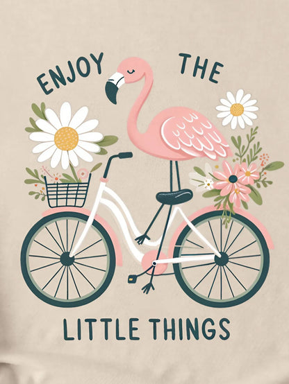 Flamingo and Bicycle Print T-shirt for Women, Crew Neck, Casual Top, Short Sleeve, Summer and Spring, Women's Clothing