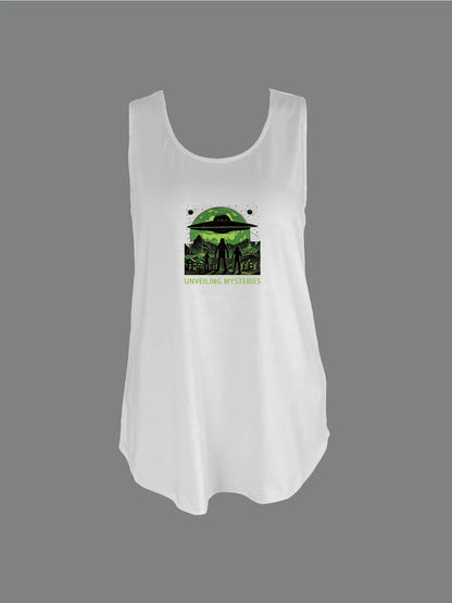 Intriguing Ufo And Mysterious Figures Graphic Print Tank Top Sleeveless Casual Top For Summer & Spring Women's Clothing